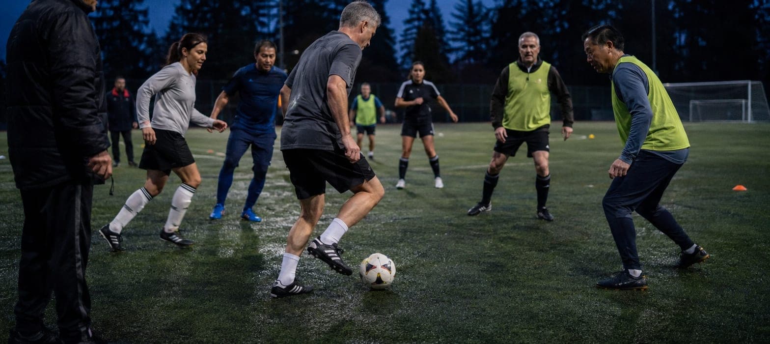 Adults playing a small-sided game on a floodlit turf field in Vancouver
